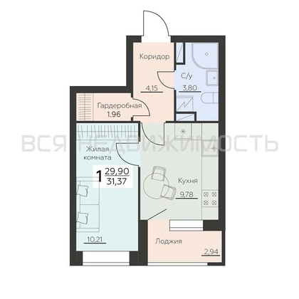 1-комнатная квартира, 31.37кв.м - изображение