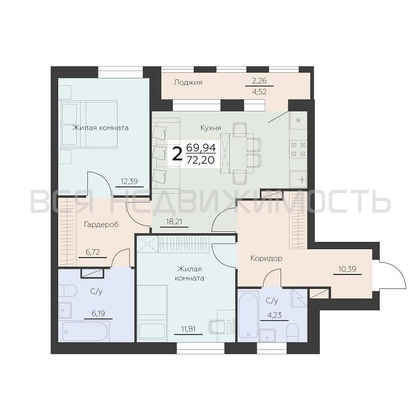 2-комнатная квартира, 72.2кв.м - изображение
