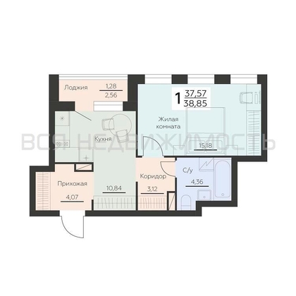 1-комнатная квартира, 38.85кв.м - изображение