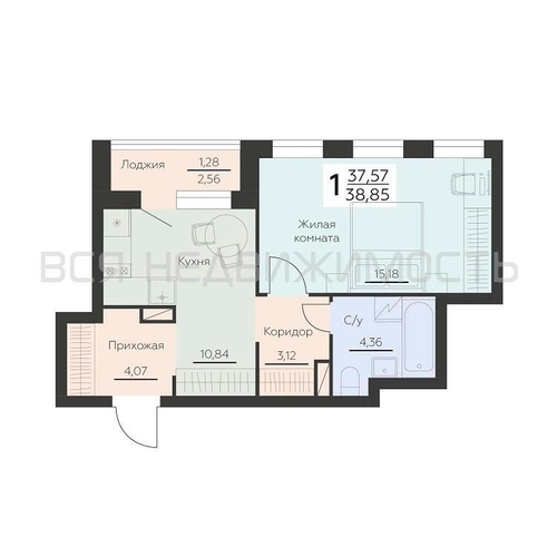 1-комнатная квартира, 38.85кв.м - изображение 0