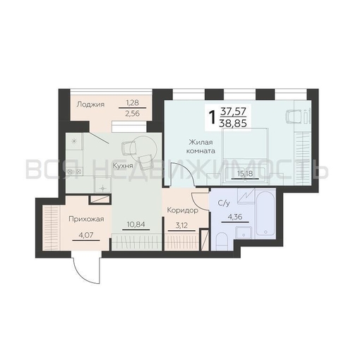 1-комнатная квартира, 38.85кв.м - изображение 0