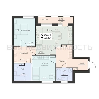 2-комнатная квартира, 72.2кв.м - изображение