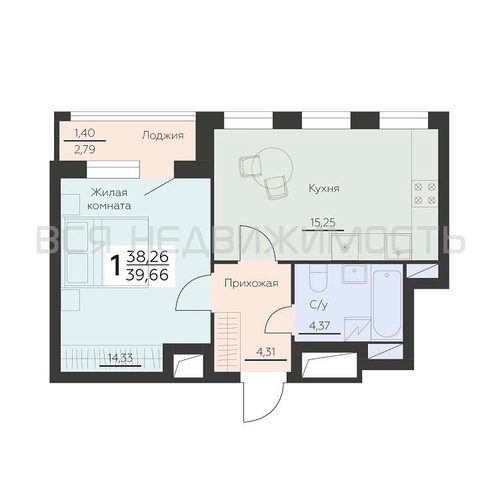 1-комнатная квартира, 39.66кв.м - изображение 0