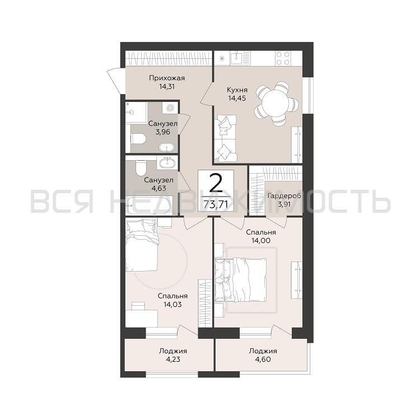 2-комнатная квартира, 73.71кв.м - изображение
