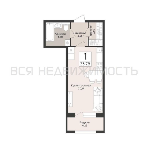 квартира-студия, 33,78кв.м. - изображение 0