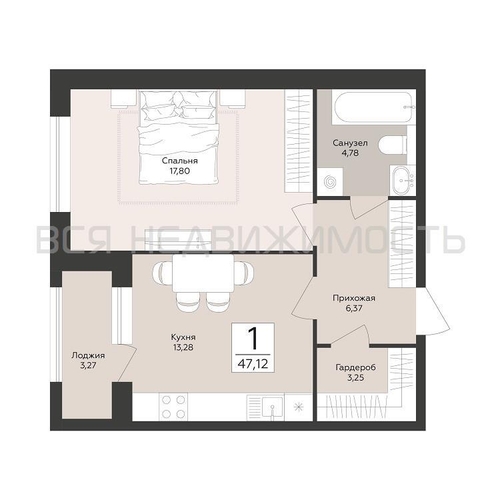 1-комнатная квартира, 47.12кв.м - изображение 0