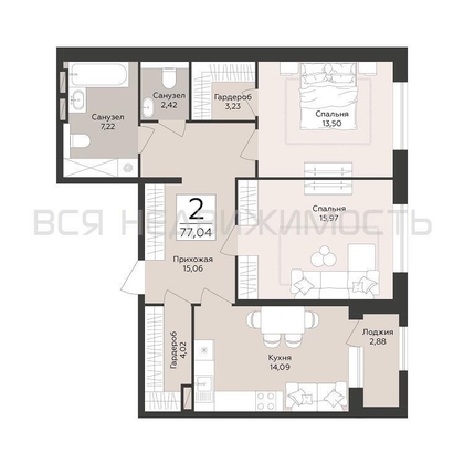 2-комнатная квартира, 77.04кв.м - изображение
