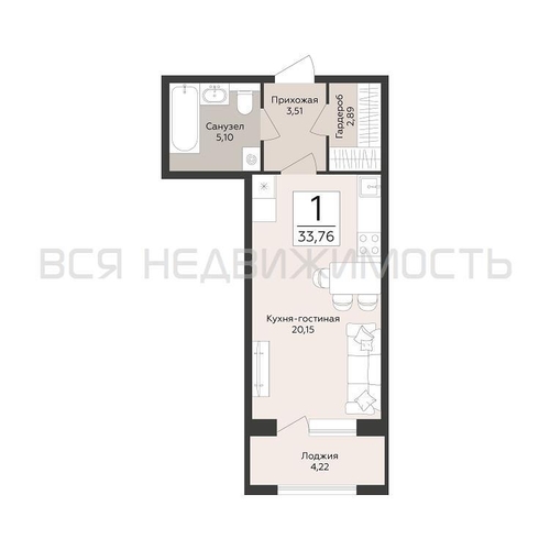квартира-студия, 33,76кв.м. - изображение 0