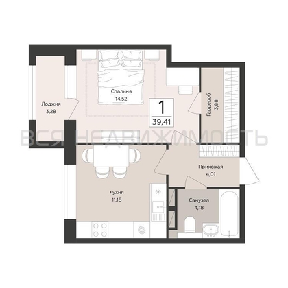 1-комнатная квартира, 39.41кв.м - изображение
