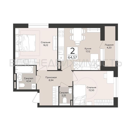 2-комнатная квартира, 64.57кв.м - изображение