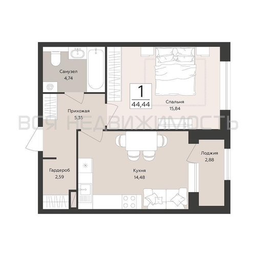 1-комнатная квартира, 44.44кв.м - изображение 0