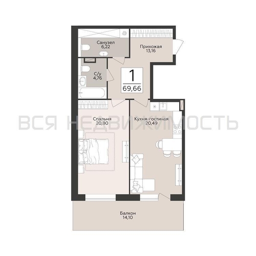 1-комнатная квартира, 69.66кв.м - изображение 0