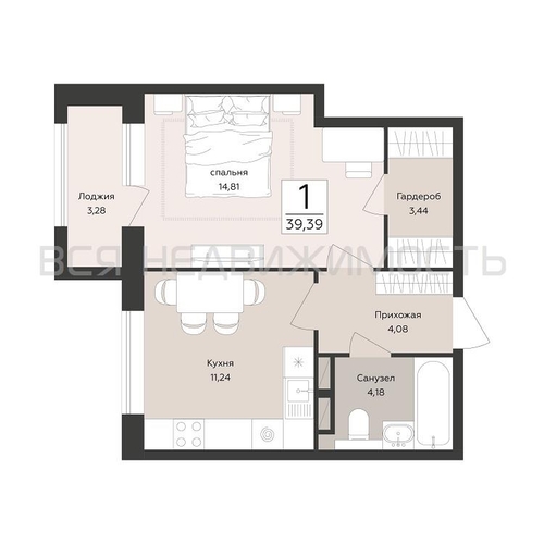 1-комнатная квартира, 39.39кв.м - изображение 0