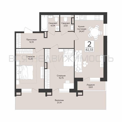 2-комнатная квартира, 82.33кв.м - изображение