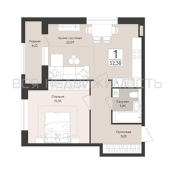 1-комнатная квартира, 52.38кв.м - изображение 1