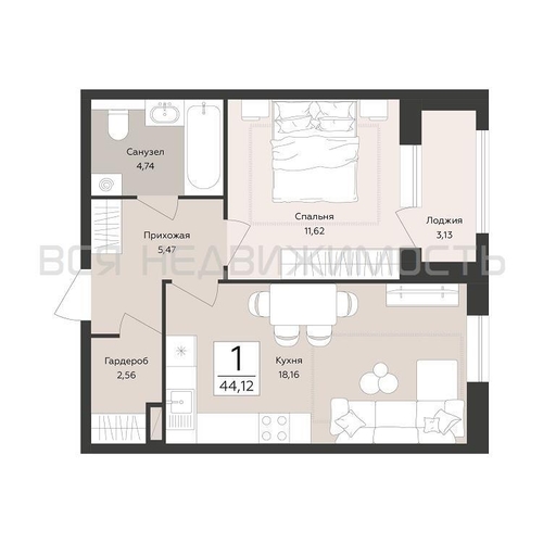 1-комнатная квартира, 44.12кв.м - изображение 0