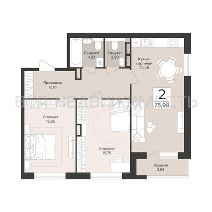 2-комнатная квартира, 75.98кв.м - изображение