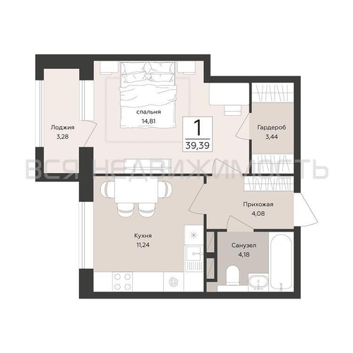 1-комнатная квартира, 39.39кв.м - изображение 0