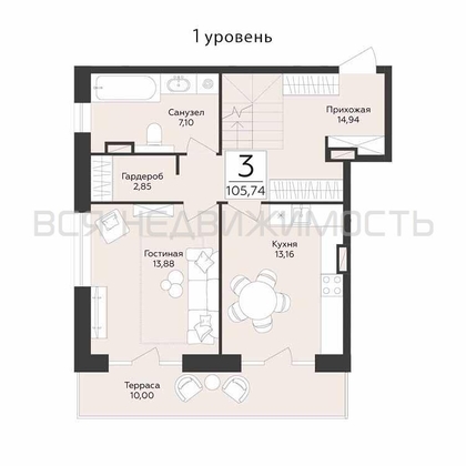 3-комнатная квартира, 105.74кв.м - изображение
