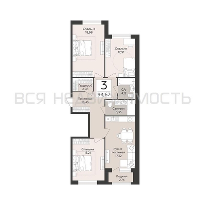 3-комнатная квартира, 94.67кв.м - изображение