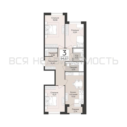 3-комнатная квартира, 94.67кв.м - изображение