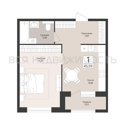 1-комнатная квартира, 45.59кв.м - изображение 0