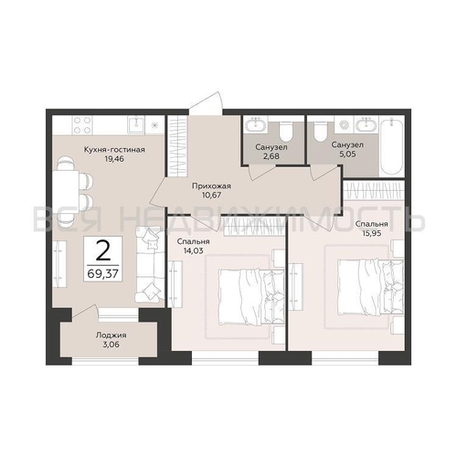 2-комнатная квартира, 69.37кв.м - изображение 0