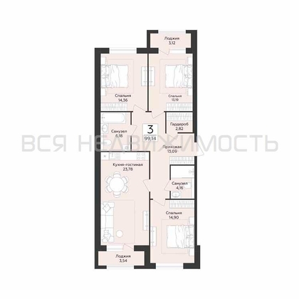 3-комнатная квартира, 99.14кв.м - изображение