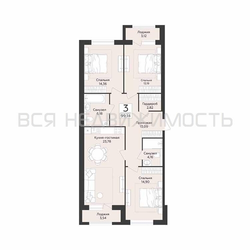3-комнатная квартира, 99.14кв.м - изображение 0