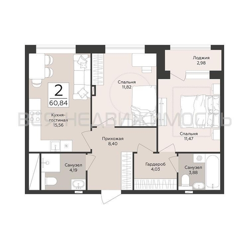 2-комнатная квартира, 60.84кв.м - изображение 0