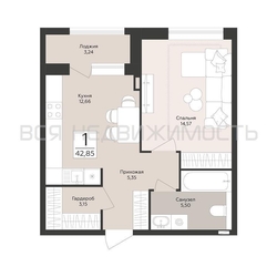 1-комнатная квартира, 42.85кв.м - изображение 1