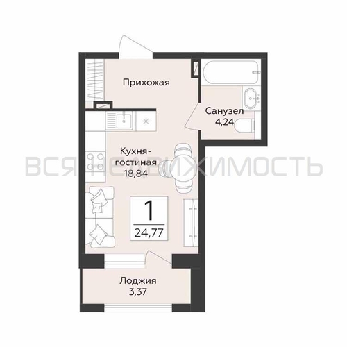квартира-студия, 24,77кв.м. - изображение 0