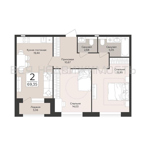 2-комнатная квартира, 69.35кв.м - изображение 0
