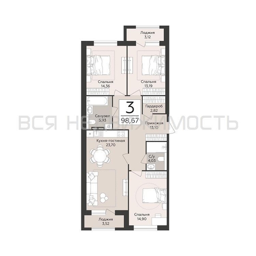 3-комнатная квартира, 98.67кв.м - изображение 0