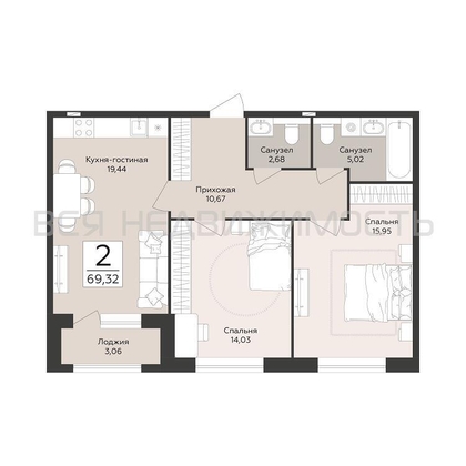 2-комнатная квартира, 69.32кв.м - изображение