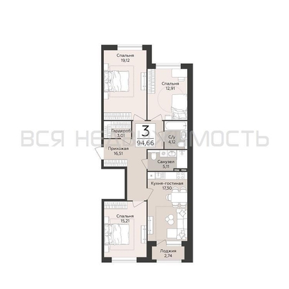 3-комнатная квартира, 94.66кв.м - изображение