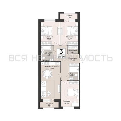 3-комнатная квартира, 98.86кв.м - изображение