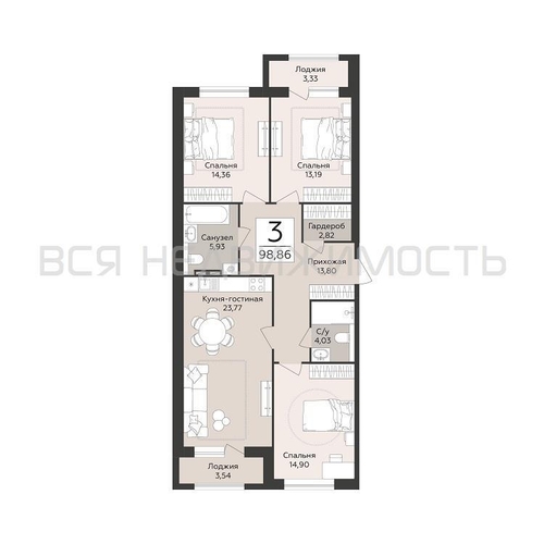 3-комнатная квартира, 98.86кв.м - изображение 0