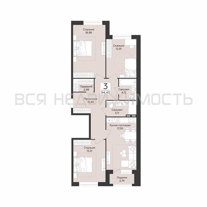 3-комнатная квартира, 94.43кв.м - изображение