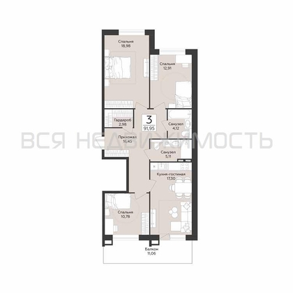 3-комнатная квартира, 91.95кв.м - изображение