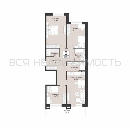 3-комнатная квартира, 91.95кв.м - изображение 0