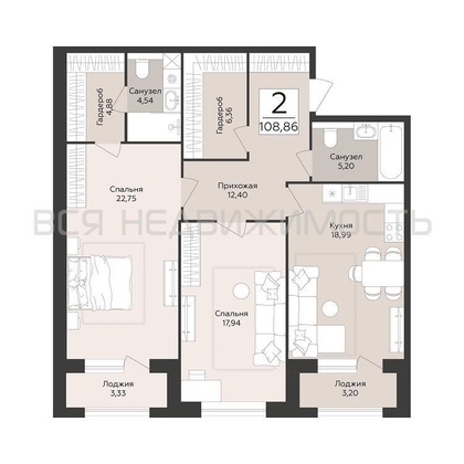 2-комнатная квартира, 108.86кв.м - изображение