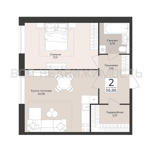 1-комнатная квартира, 56.86кв.м - изображение 0