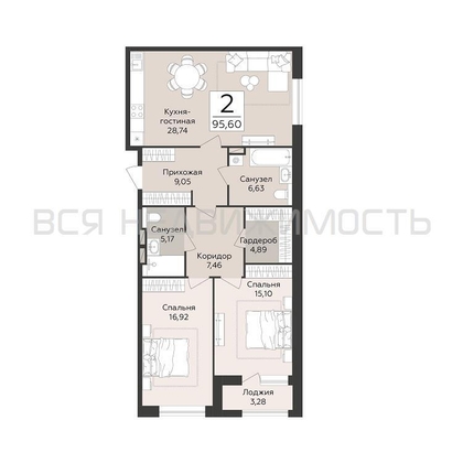 2-комнатная квартира, 95.6кв.м - изображение