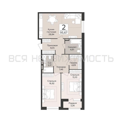 2-комнатная квартира, 95.67кв.м - изображение