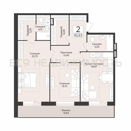 2-комнатная квартира, 92.63кв.м - изображение