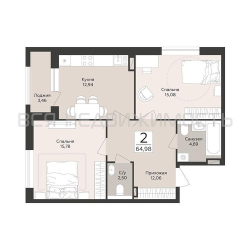 2-комнатная квартира, 64.98кв.м - изображение 0