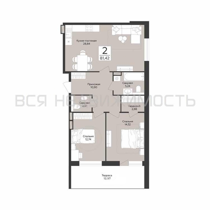2-комнатная квартира, 81.42кв.м - изображение