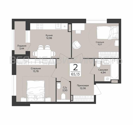 2-комнатная квартира, 65.13кв.м - изображение