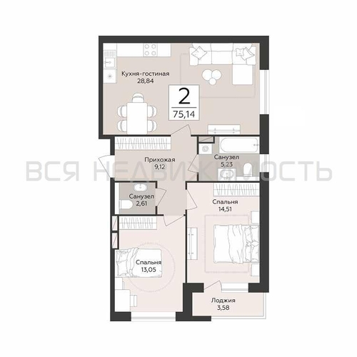 2-комнатная квартира, 75.14кв.м - изображение 0